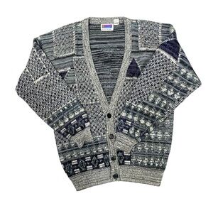 Vintage 80's 90's Sweater Graphix Abstract Knit Cardigan Gray Blue Black Size L